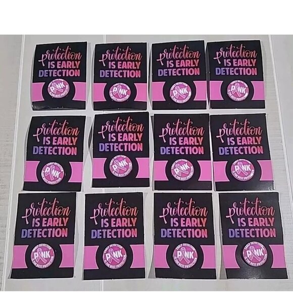 12 Pink Ribbon Early Detection Breast Cancer Awareness Mini Buttons on Card - Picture 1 of 3